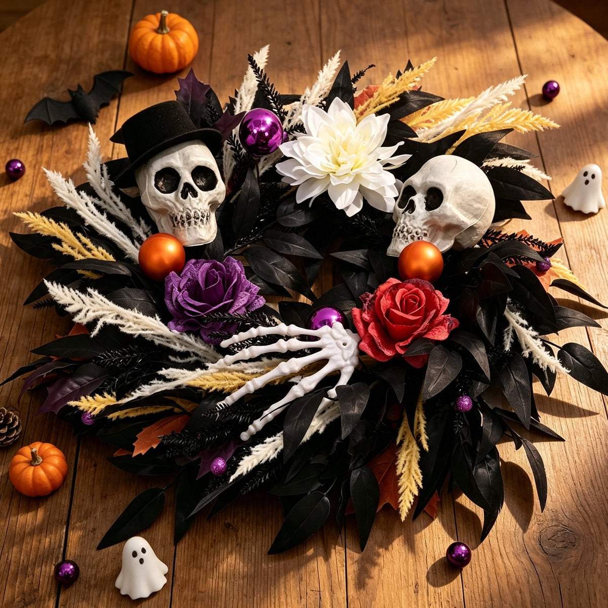Lyacmy Halloween Wreath for Front Door Halloween Skeleton Decorations, Wreath with Skull Maple Leaves for Window Indoor Outside Home Party Decor