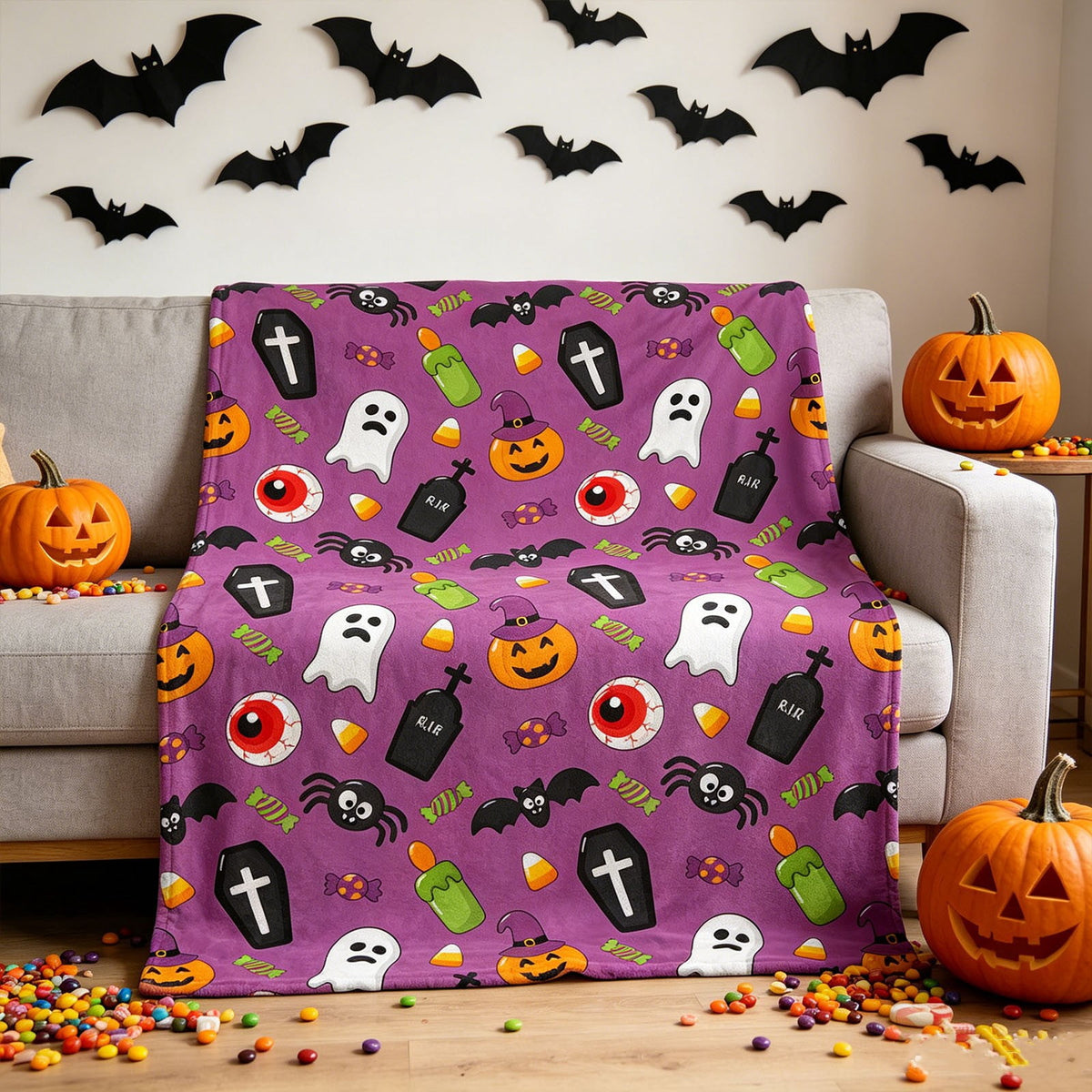 Halloween blanket,Halloween Print Throw Blanket Flannel Soft Cozy Decorative Nap Blanket with Ghost Pumpkin Skull for Office Bedroom Sofa Camping Travel(100x150cm/39x59 Inch),Black