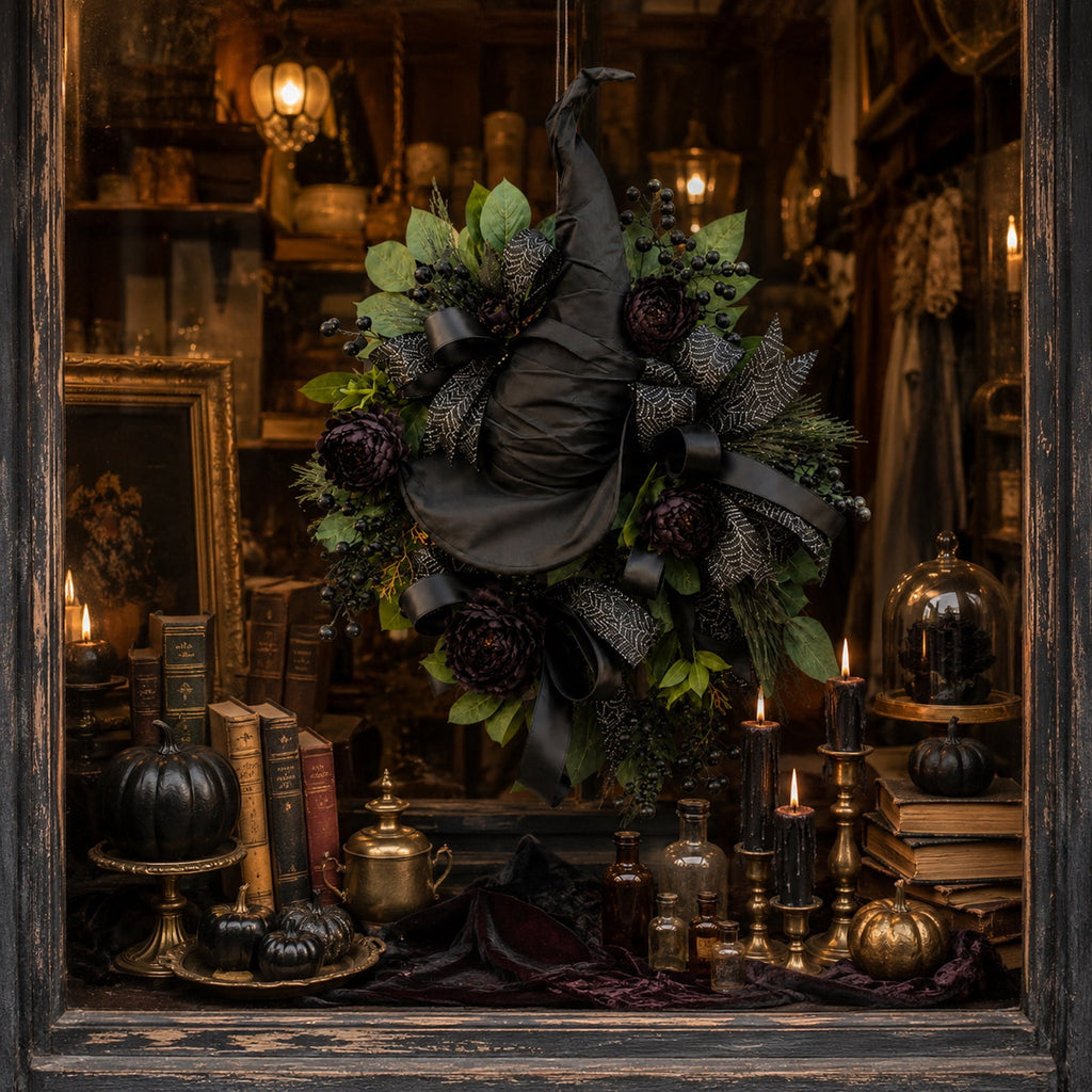WWC Halloween Wreath, Artificial Silk Bats And Skulls Wreath, Gothic Halloween Decor for Fall Party Front Door Porch Mantel