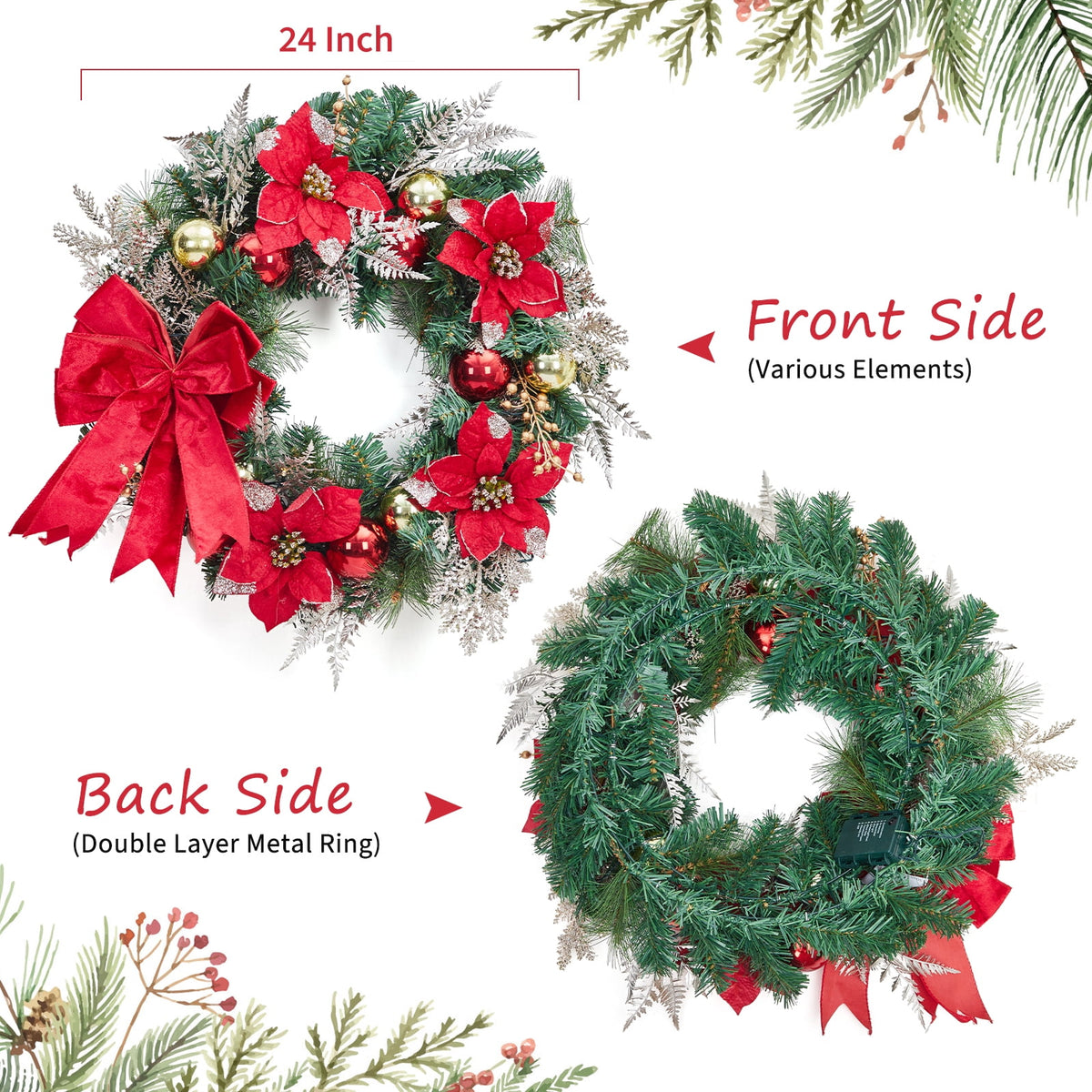 JoanKaren 24 inch Large Christmas Wreath Silver White with 20 LED Lights,Prelit Xmas Wreath w/ Ball Ornaments Pine Cone