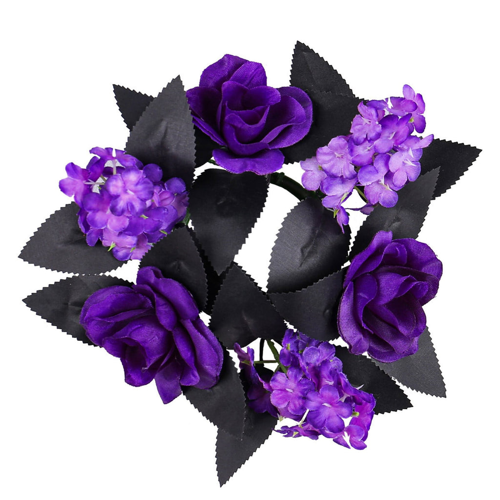 HHBEAUTY Artificial Purple Rose Halloween Candle Rings Wreaths 9.8 Inch Gothic Floral Eucalyptus Leaves Candle Ring Holder Halloween Wedding Party Centerpiece Table Decorations Home Decor