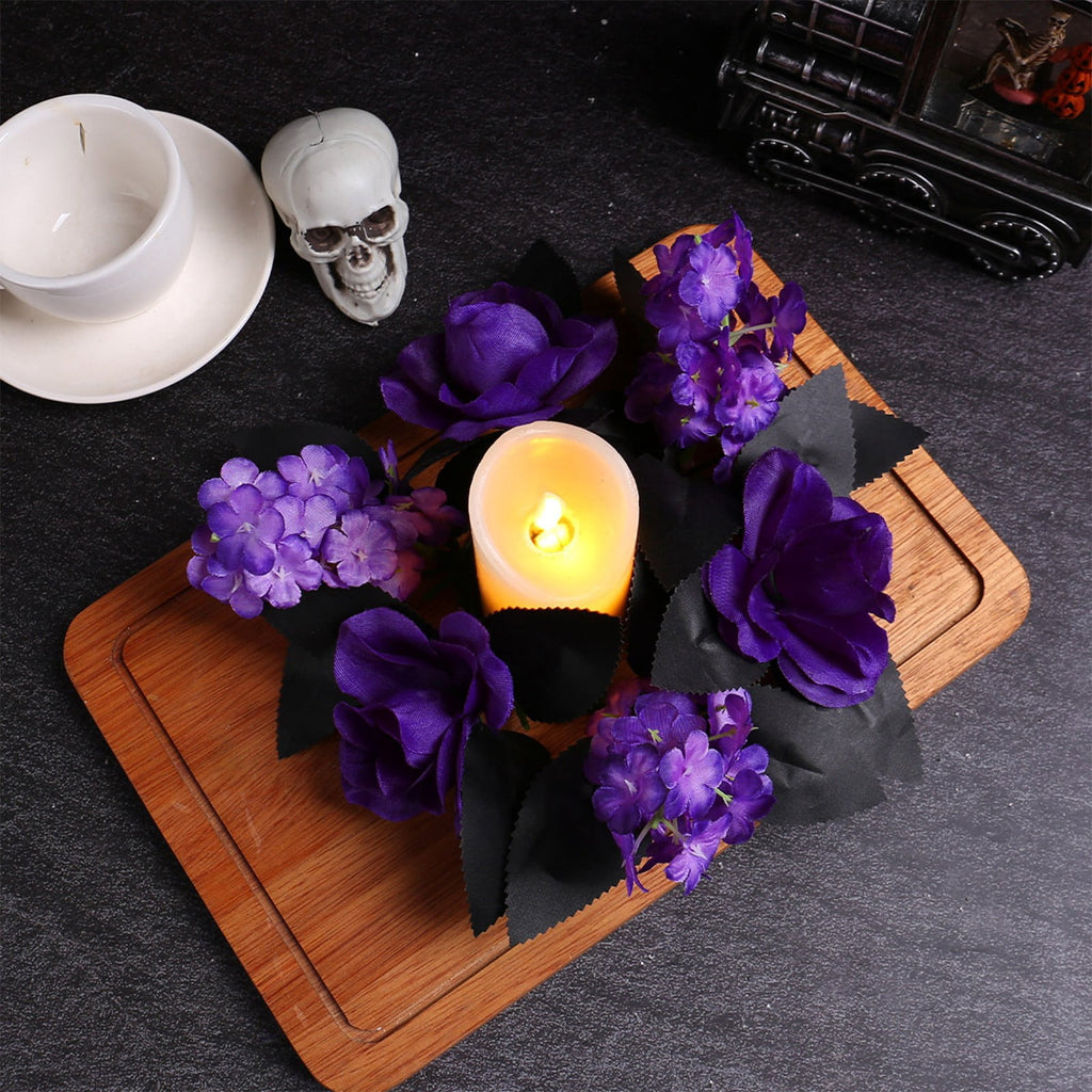 HHBEAUTY Artificial Purple Rose Halloween Candle Rings Wreaths 9.8 Inch Gothic Floral Eucalyptus Leaves Candle Ring Holder Halloween Wedding Party Centerpiece Table Decorations Home Decor