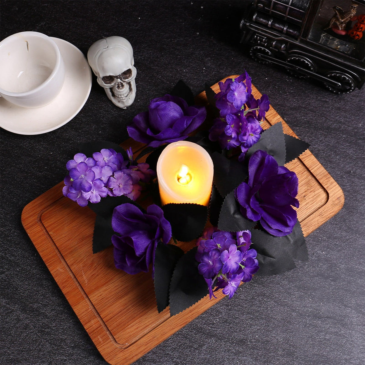 HHBEAUTY Artificial Purple Rose Halloween Candle Rings Wreaths 9.8 Inch Gothic Floral Eucalyptus Leaves Candle Ring Holder Halloween Wedding Party Centerpiece Table Decorations Home Decor