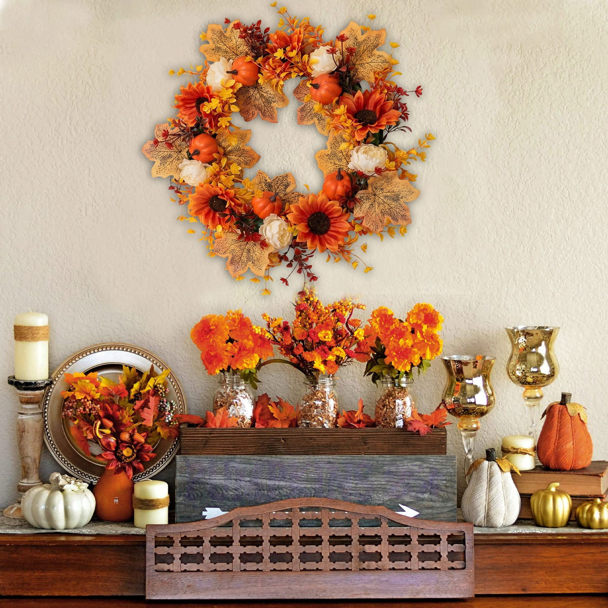 Fall Wreaths for Front Door, Farmhouse Autumn Wreath with Pumpkin Decorations, Fall Door Wreath Outdoor Indoor Thanksgiving Harvest Fall Decor