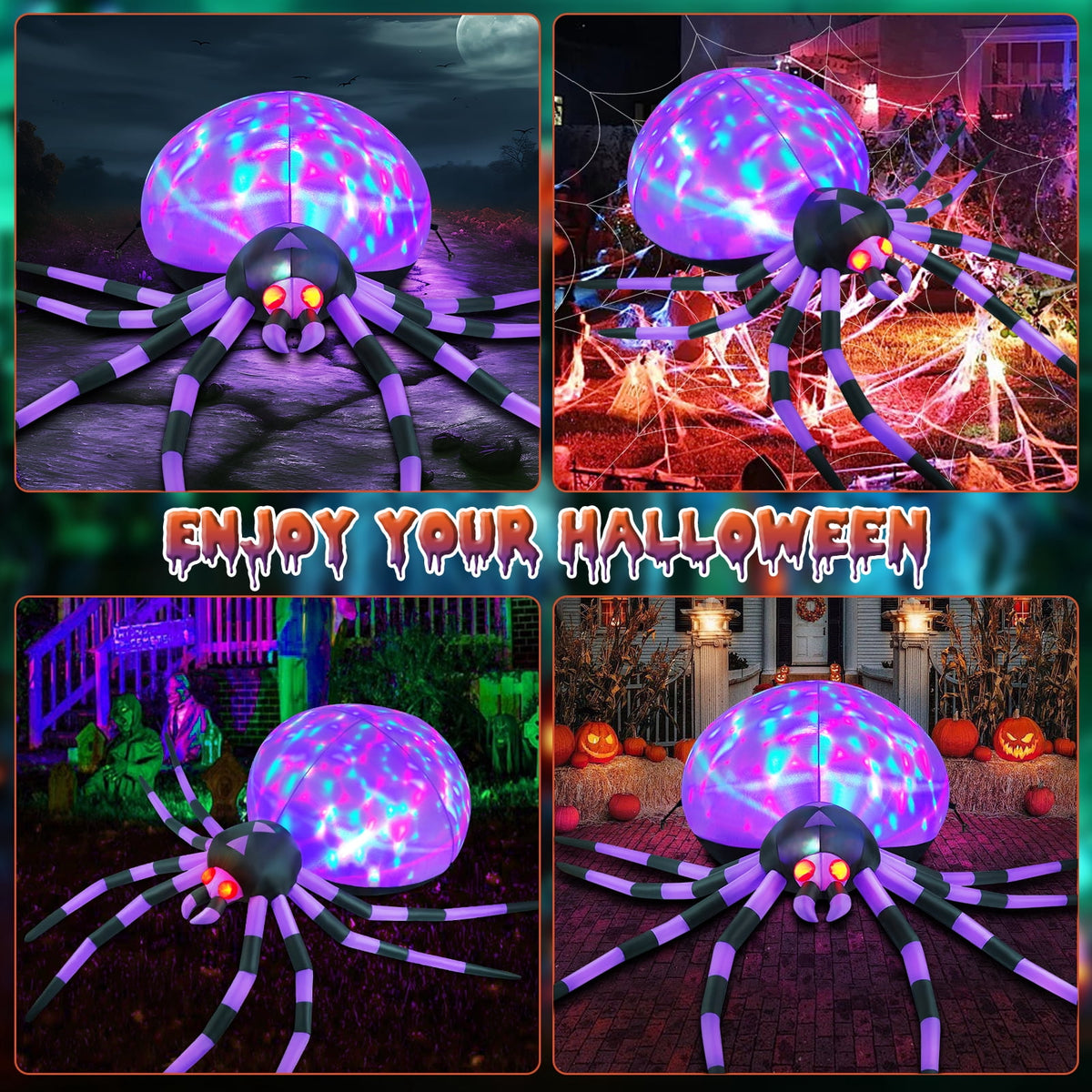 Yexmas 8FT Halloween Inflatables Outdoor Decorations Giant Spider Decorations with LED Lights and Air Pump Blow up Inflatable Green