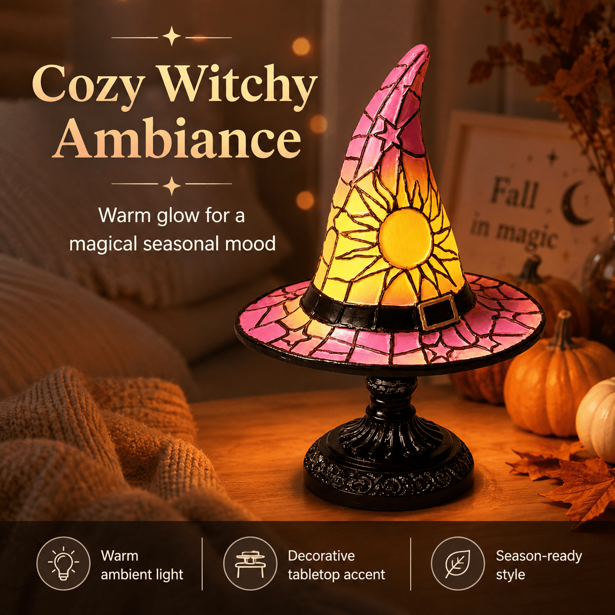 Diceymbol 11.81 Inch Halloween Ghost Night Light, Witch Hat Ghost Lamp with Jack O Lantern, Halloween Decorations Indoor for Table Mantel Party Decor