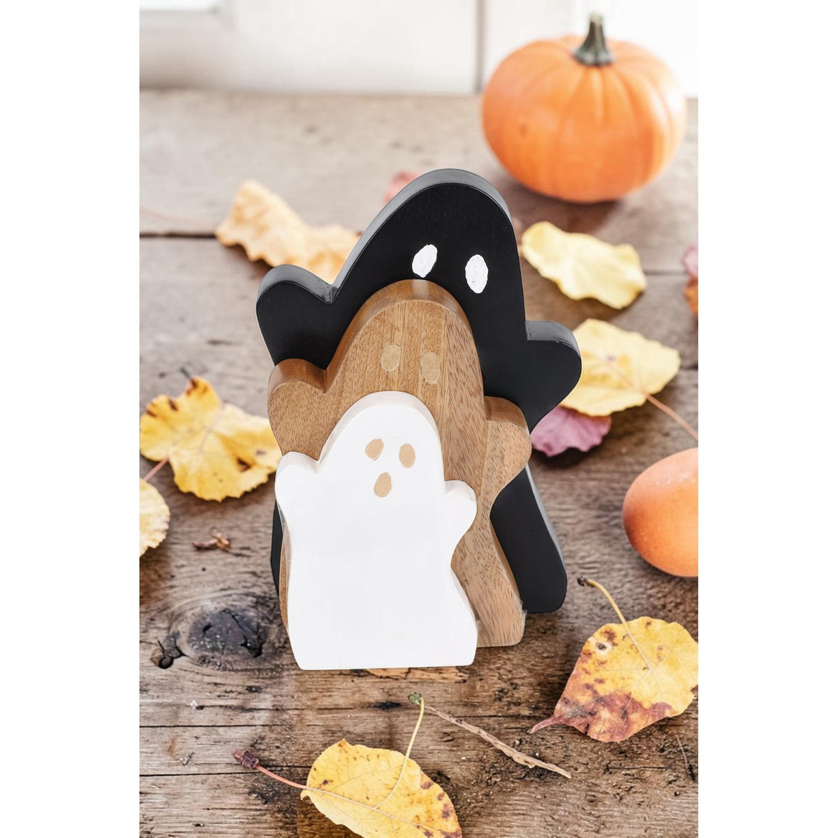 Wooden Ghost Decoration Set, Black/Natural/White, 3 Pieces, Halloween by Way To Celebrate