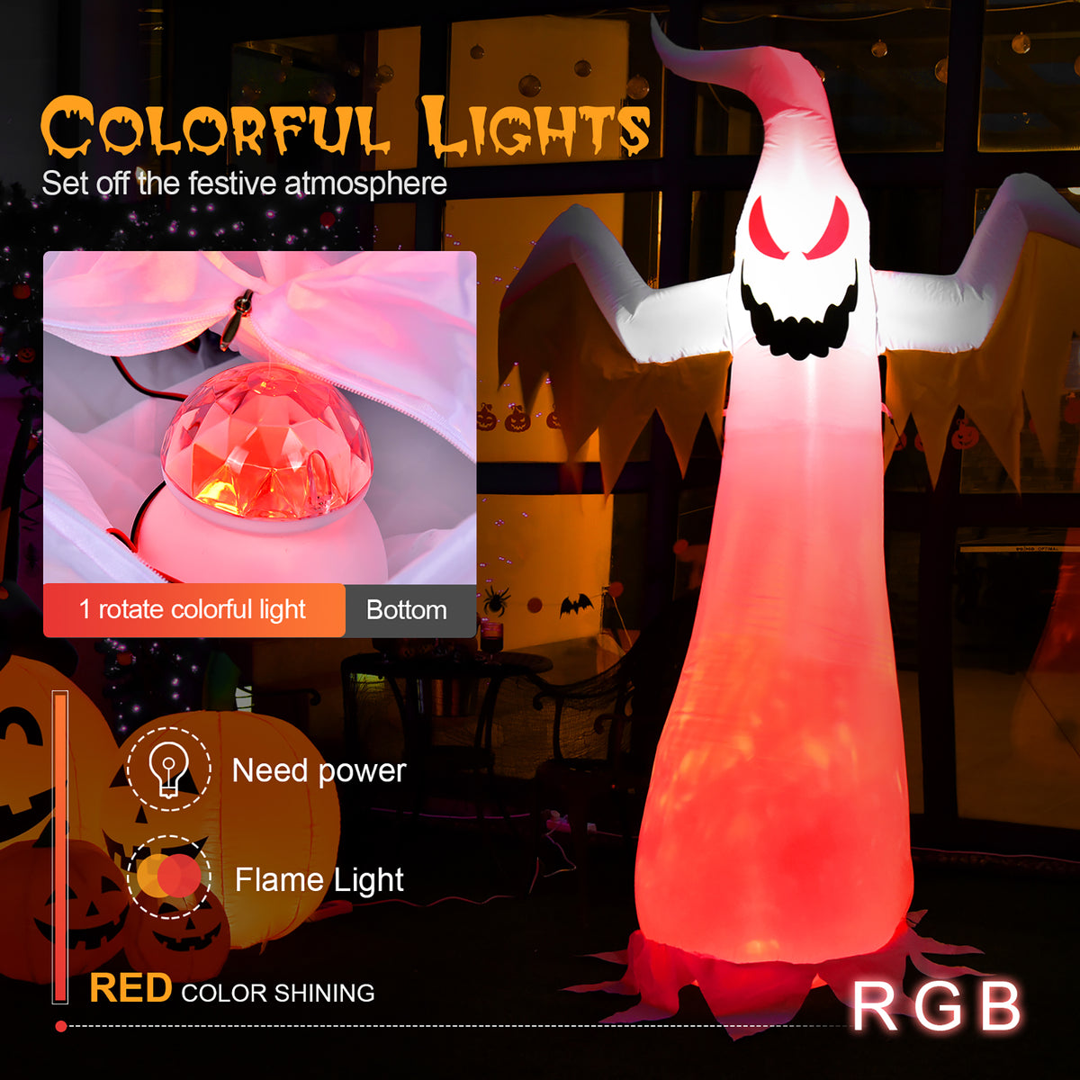 Costway 8 FT Halloween Inflatable White Ghost with Rotatable Flame LED Lights