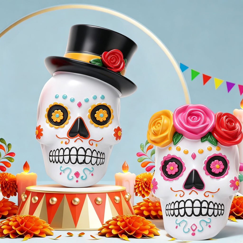 sixwipe Resin Day of The Dead Skull Couple, Halloween Decor, Black and White Skeleton Figurine Set, Male with Top Hat, Female with Red Rose Wreath