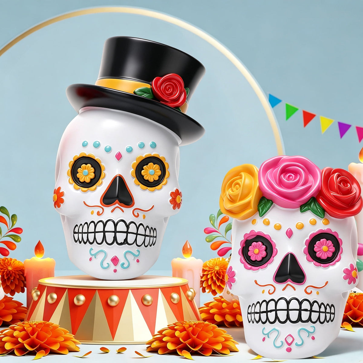 sixwipe Resin Day of The Dead Skull Couple, Halloween Decor, Black and White Skeleton Figurine Set, Male with Top Hat, Female with Red Rose Wreath