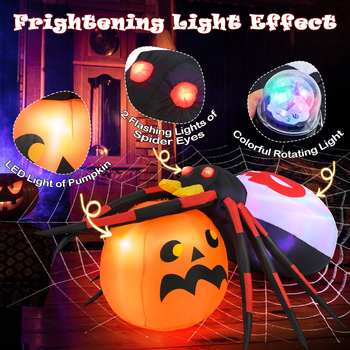 Costway 5 x 4.6 ft Inflatable Spider w/ Pumpkin LED Lighted Halloween Decoration w/ Colorful Rotating Light
