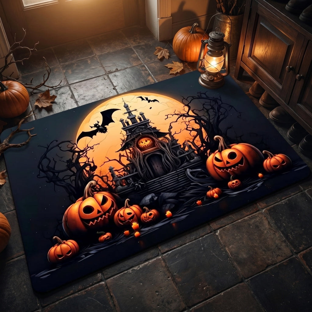 Halloween Themed Doormat Entryway Rug, Spooky Pumpkin Front Door Mat for Trick or Treaters, Non Slip Washable Mat for Indoor and Outdoor, Festive Halloween Floor Decoration for Home
