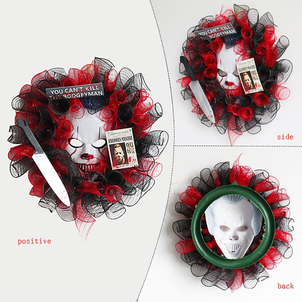 Halloween Red Mesh Mask Wreath, Creative Ghost Festival Party Wreath for Front Door Wall Hanging Haunted House Arrangement Props Festival Celebrations Decoration Holiday Home Decor