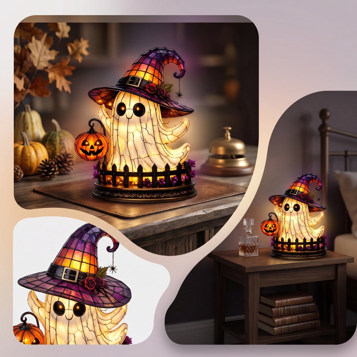 Halloween Lighted Witch Cauldron Decor Lamp, Stained Glass Witch Hat Magic Pot Night Light with Pumpkin & Potion Bottle Details, Spooky Vintage Tabletop Ornament for Mantel Living Room Party