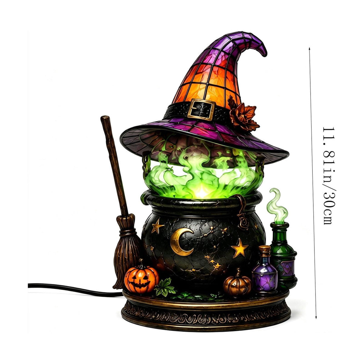 Halloween Lighted Witch Cauldron Decor Lamp, Stained Glass Witch Hat Magic Pot Night Light with Pumpkin & Potion Bottle Details, Spooky Vintage Tabletop Ornament for Mantel Living Room Party