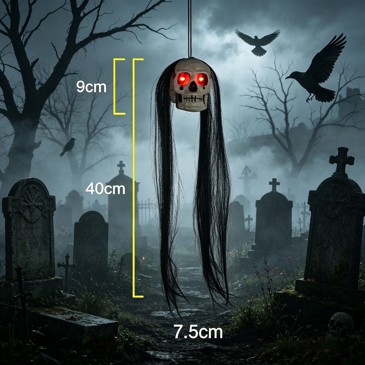 Bklubk Hanging Long Hair Skull Ghost Prop With Flashing Red/Green LED Eyes.Spooky Skeleton Head Hanging Ornament For Escape Room. House Halloween Yard Decor