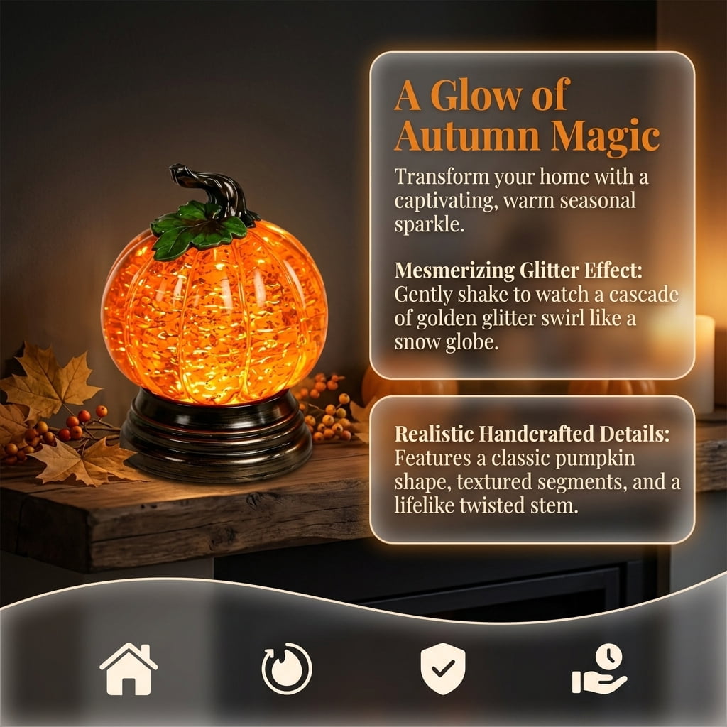 Halloween Pumpkin Snow Glitter Globe, Lighted Orange LED Fall Decor, Thanksgiving Centerpiece Seasonal Gift