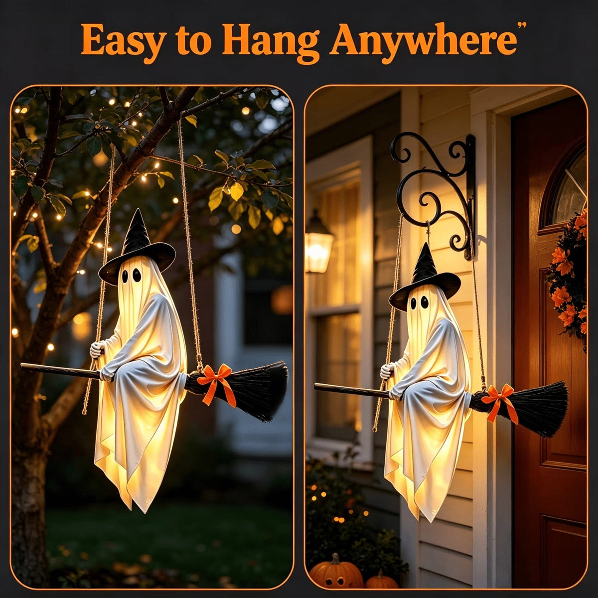 Mivyn Hanging Ghost Decor, Light-Up Flying Ghost on Broomstick with Witch Hat,Spooky Cute Outdoor Halloween Decorations for Front Porch Yard, 5 FT, 1 Pack
