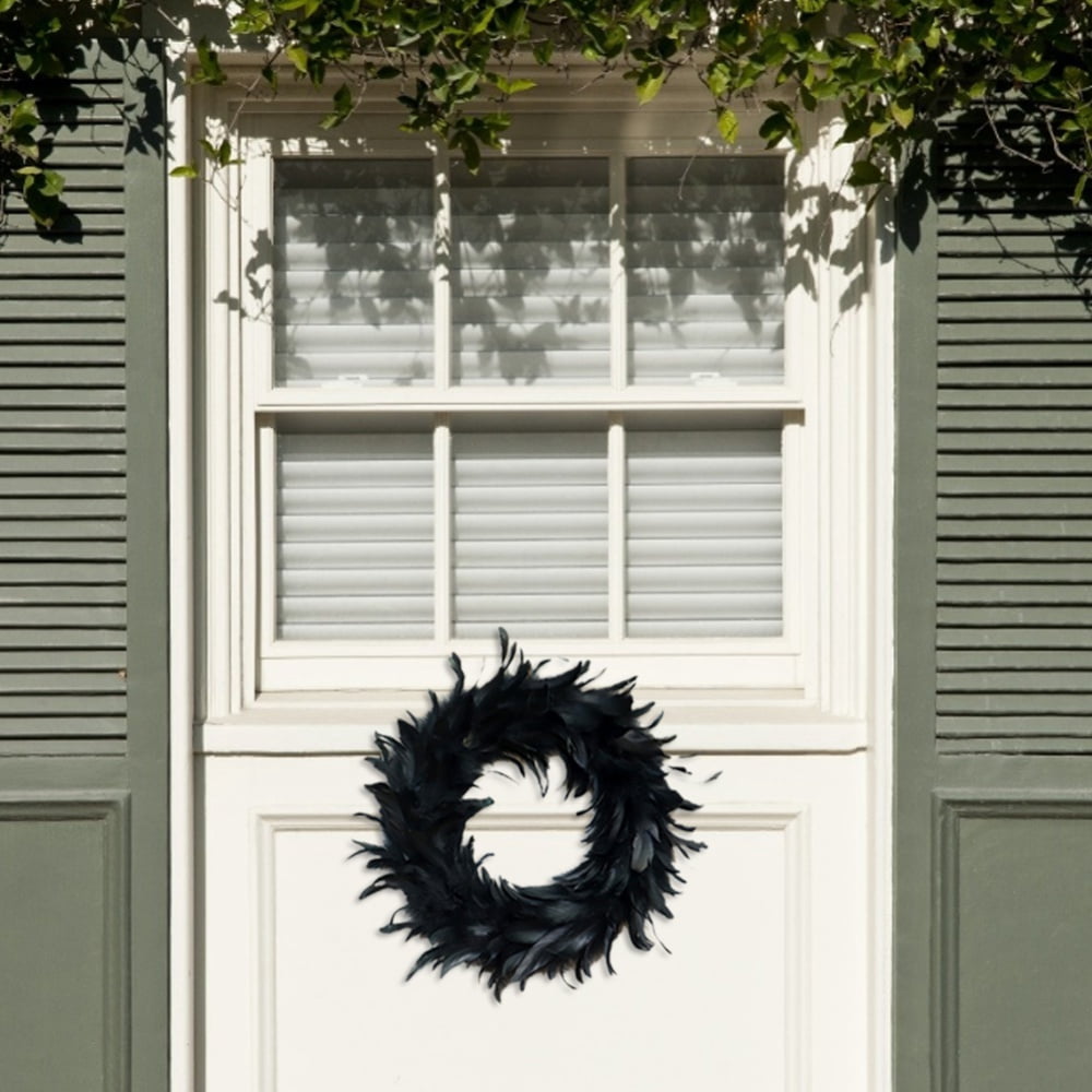 16" Black Feather Wreath Halloween Wreath Handmade Black Wreath for Front Door Porch Mantel Fireplace Window Wall Indoor Outdoor Halloween Christmas Winter Birthday Decoration