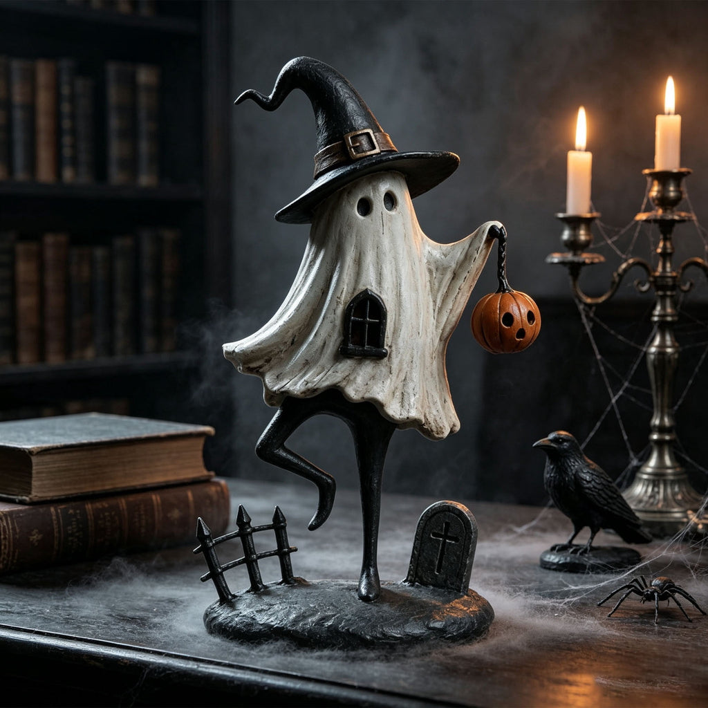 Halloween Ghost Figurine, Ghost Girl with Pink Bow & Hot Drink, Funny Ghost Statue Halloween Decor for Gift, Cute Spooky Tabletop Ornament for Home, Mantle, Desk & Party Decoration