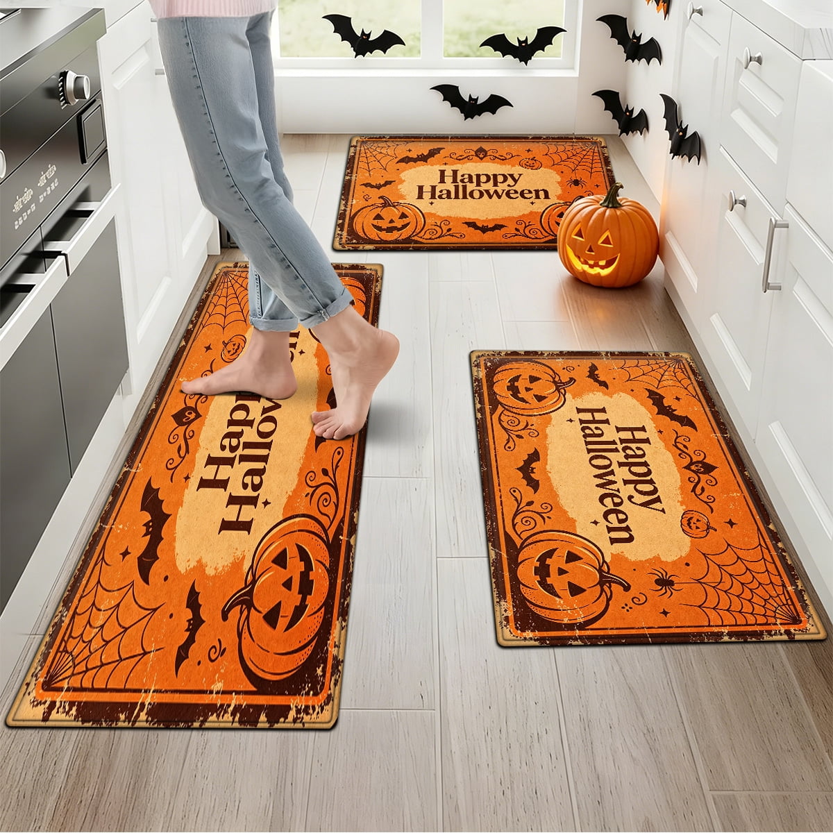 YIMEIS Halloween Orange Pumpkin Lantern Soft Non-slip 1Pc Flannel Mat and Kitchen Rugs,16''x24'',for Bathroom Entryway Bedroom