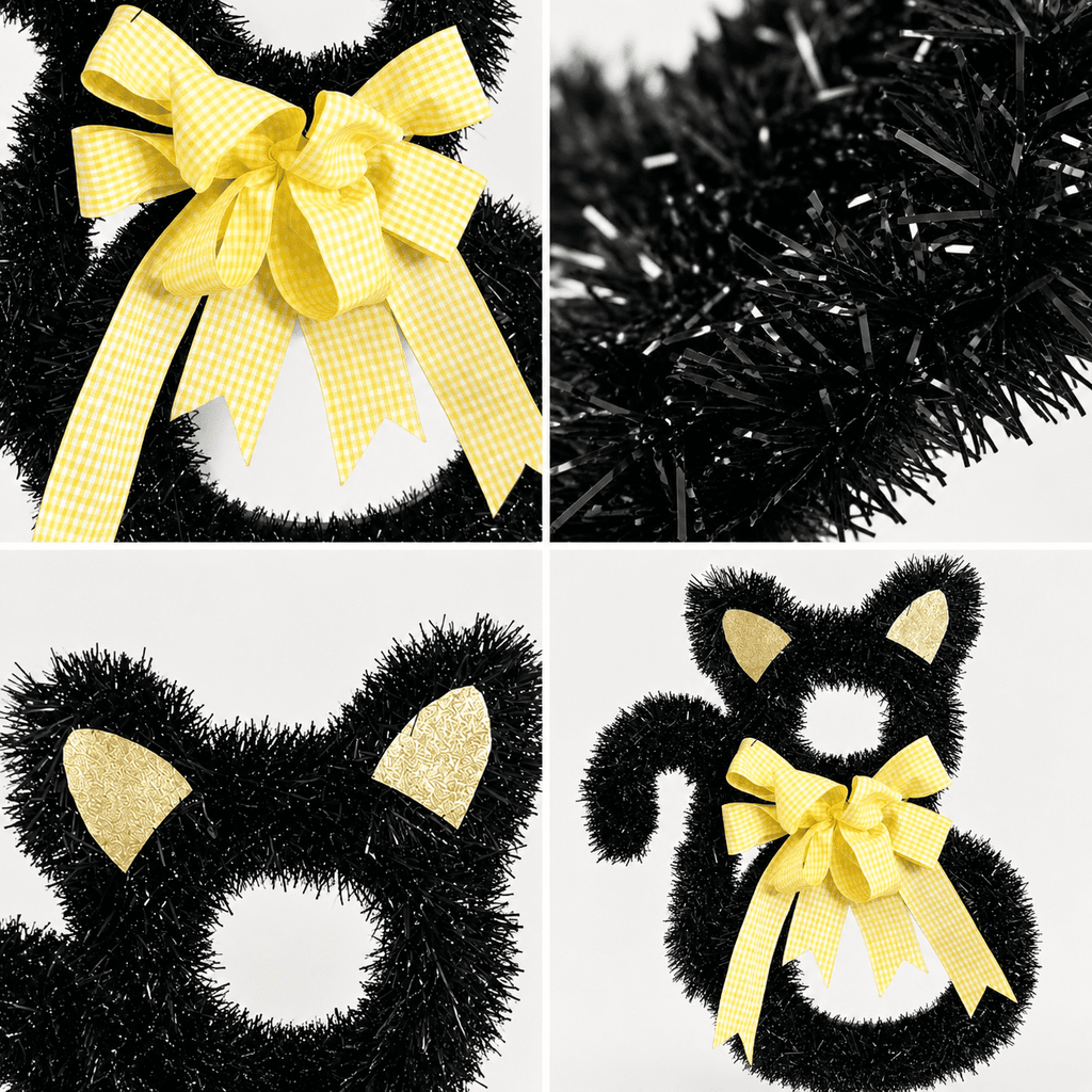 Halloween Black Cat Door Wreath, 15.75 Inch Kitty Shaped Hanging Decor with Yellow Checkered Bow, Fall Front Door Porch Wall Decoration