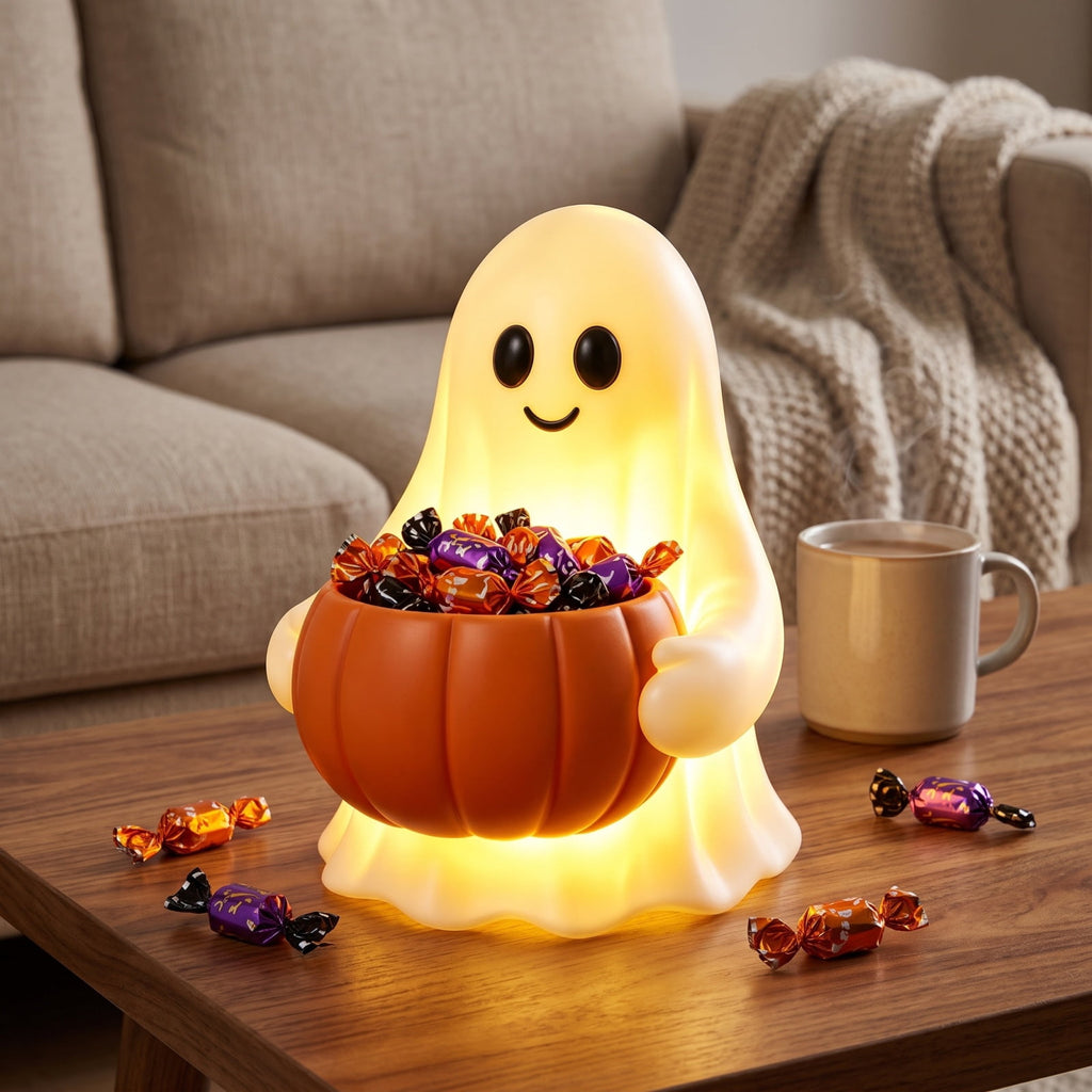 Lighted Halloween Ghost Candy Bowl, Cute LED Ghost Holding Pumpkin Candy Bucket for Trick or Treat, Outdoor Halloween Decorations for Front Porch, Indoor Yard Patio Halloween Decor