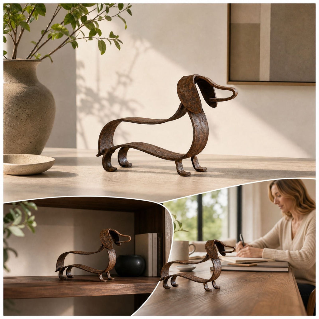 Dachshund Statue 9", Rusted Metal Dog Sculpture for Garden Yard, 1 Pack