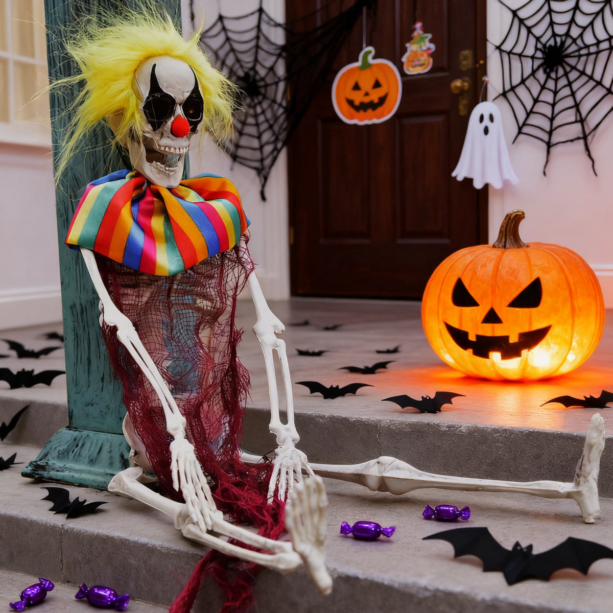Fun Little Toys 15.7 Inches 4 Packs Halloween Scary Circus Clown Skeleton Hanging Ghost Skeleton in Clothes, Outdoor Indoor Yard Patio House Decor