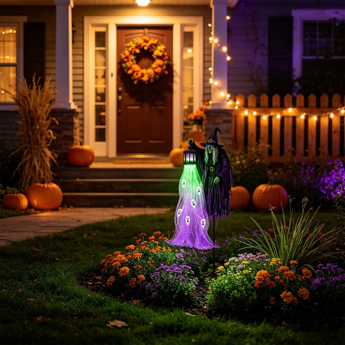 Solar Halloween Metal Moon Black Cat Garden Stake with LED Pumpkin Lantern, Light Up Star Bat Yard Decor Stake, Spooky Outdoor Lawn Pathway Halloween Decoration