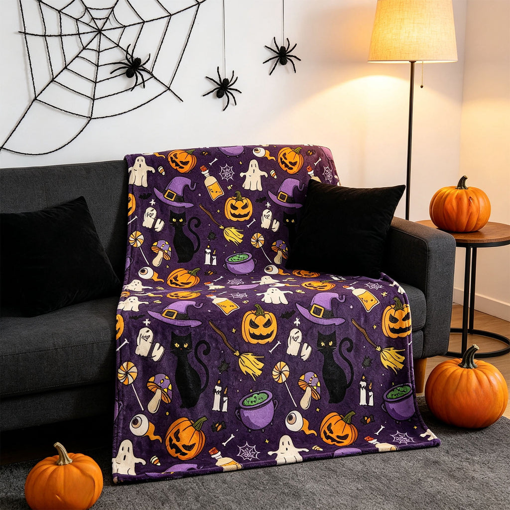 Halloween blanket,Halloween Print Throw Blanket Flannel Soft Cozy Decorative Nap Blanket with Ghost Pumpkin Skull for Office Bedroom Sofa Camping Travel(100x150cm/39x59 Inch),Black