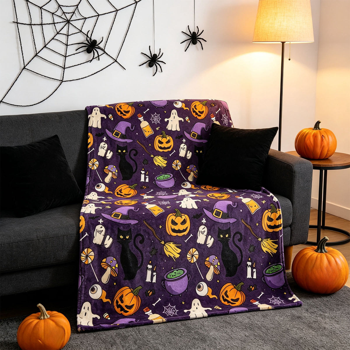 Halloween blanket,Halloween Print Throw Blanket Flannel Soft Cozy Decorative Nap Blanket with Ghost Pumpkin Skull for Office Bedroom Sofa Camping Travel(100x150cm/39x59 Inch),Black