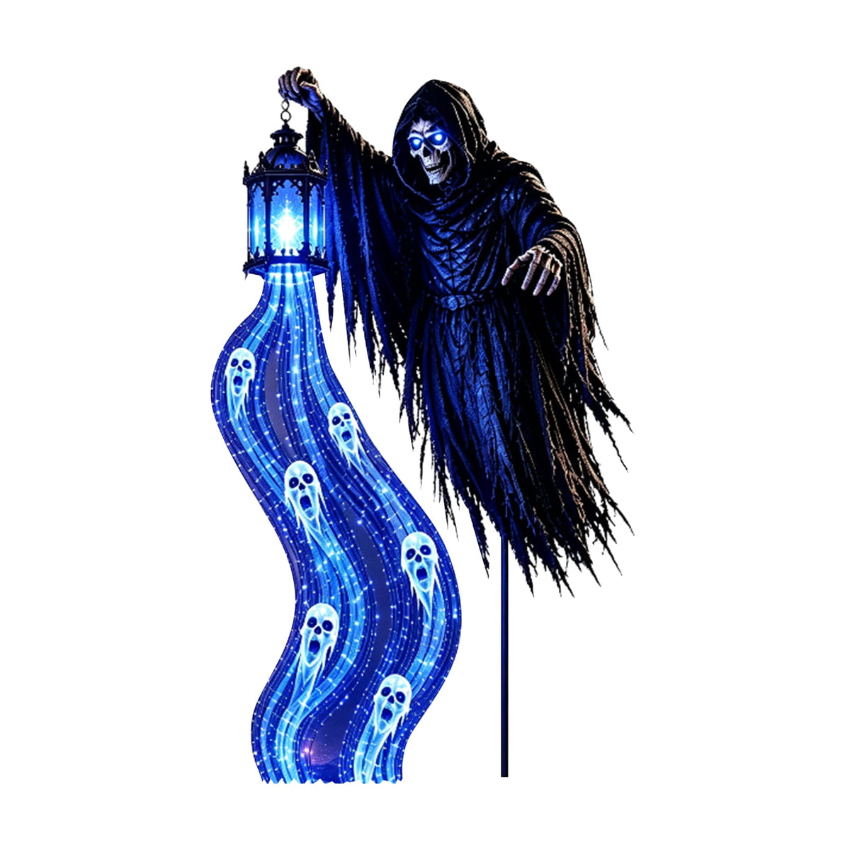 Halloween Soul Harvester Animated Solar Garden Stake Light, Spooky Grim Reaper with Blue Ghost Lights and Lantern, 31.5 Inch Solar Halloween Yard Stake for Haunted House Lawn Garden Decor