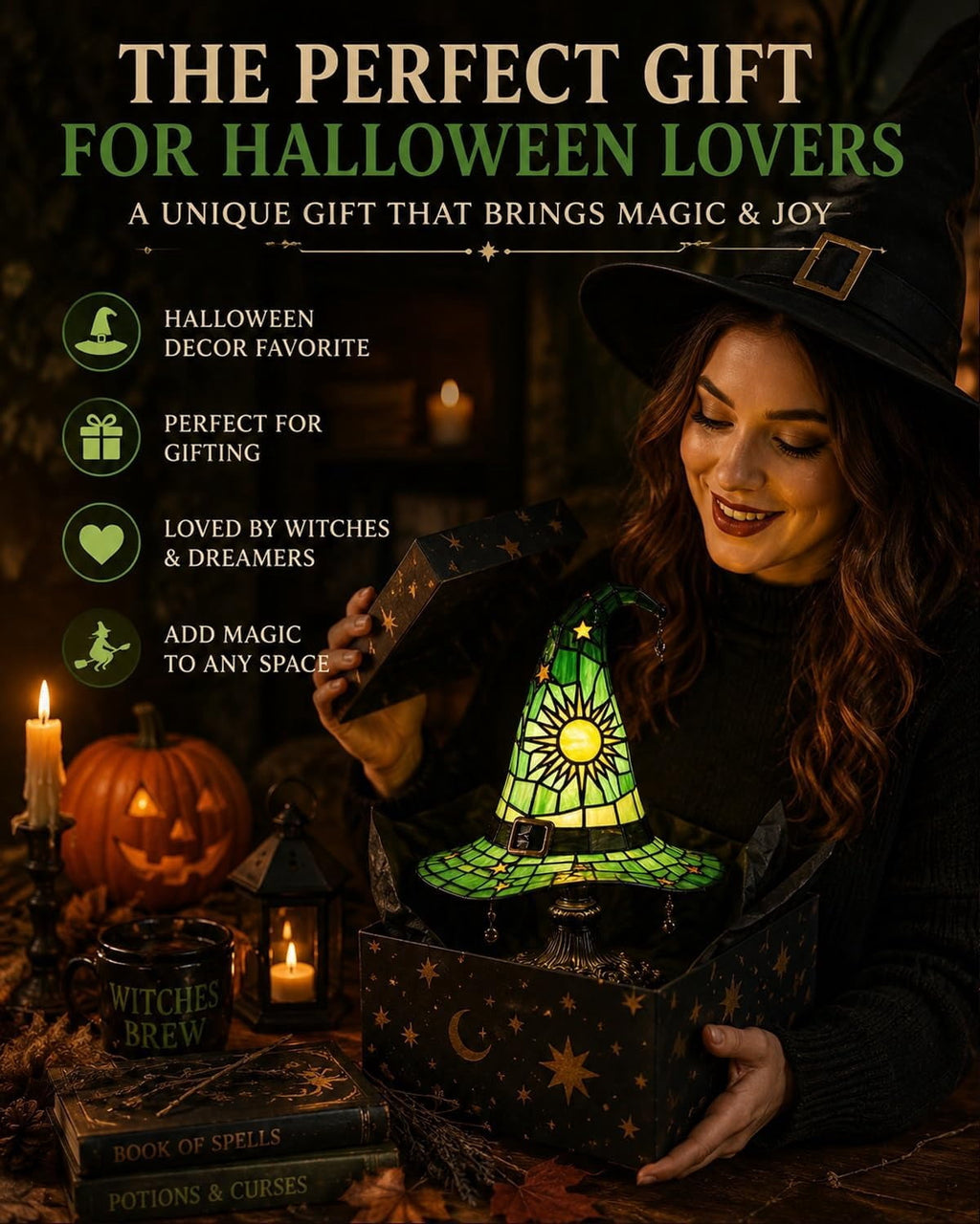 Clearance Witch Hat Lamp, Halloween Nigh Light Handcrafted Retro Resin Witch Hat Light, Usb Powered, Gothic Halloween Decorations for Bedroom