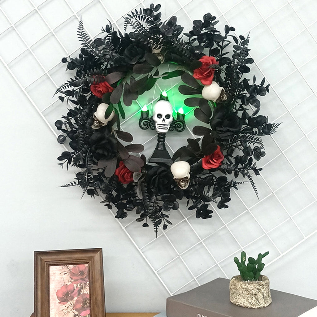 ASKETAM Halloween Wreath 19" , Skull & Red Rose, Adjustable, For Doors & Walls