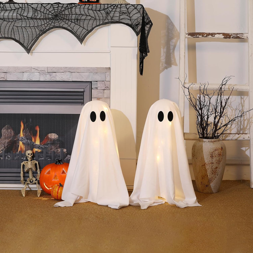 TETOU 2 Packs Halloween Spooky Ghosts with String Lights,Scary Cute Ghost for Halloween Decoration Indoor Party Home Table Room Kitchen Fireplace Decor