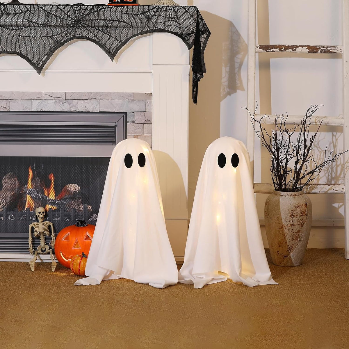 TETOU 2 Packs Halloween Spooky Ghosts with String Lights,Scary Cute Ghost for Halloween Decoration Indoor Party Home Table Room Kitchen Fireplace Decor