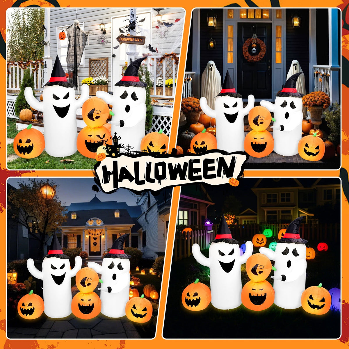 Halloween Inflatables Outdoor, 8FT Long Cute & Lighted Blow Up Decoration Pumpkin Family with Witch Hat, Large Halloween Inflatables Decorations with Lights for Yard, Holiday, Home