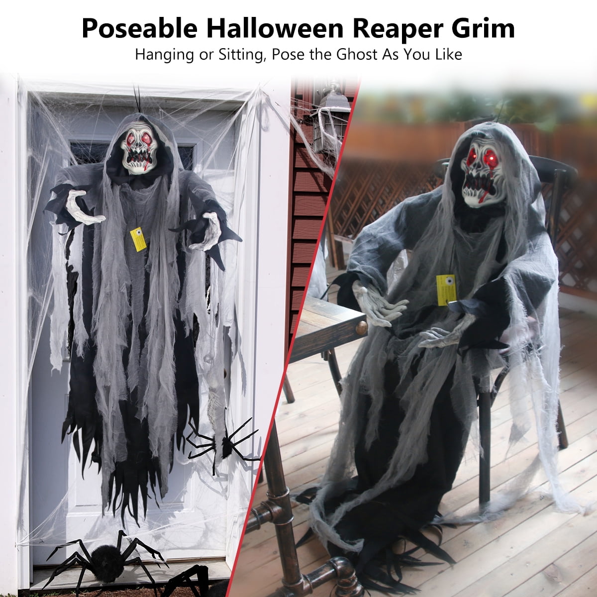 Gamexcel 5.7 ft Halloween Hanging Grim Reaper, Black Skeleton Ghost with Sensor-Activated LED Eyes and Sound, Indoor and Covered Outdoor Decor