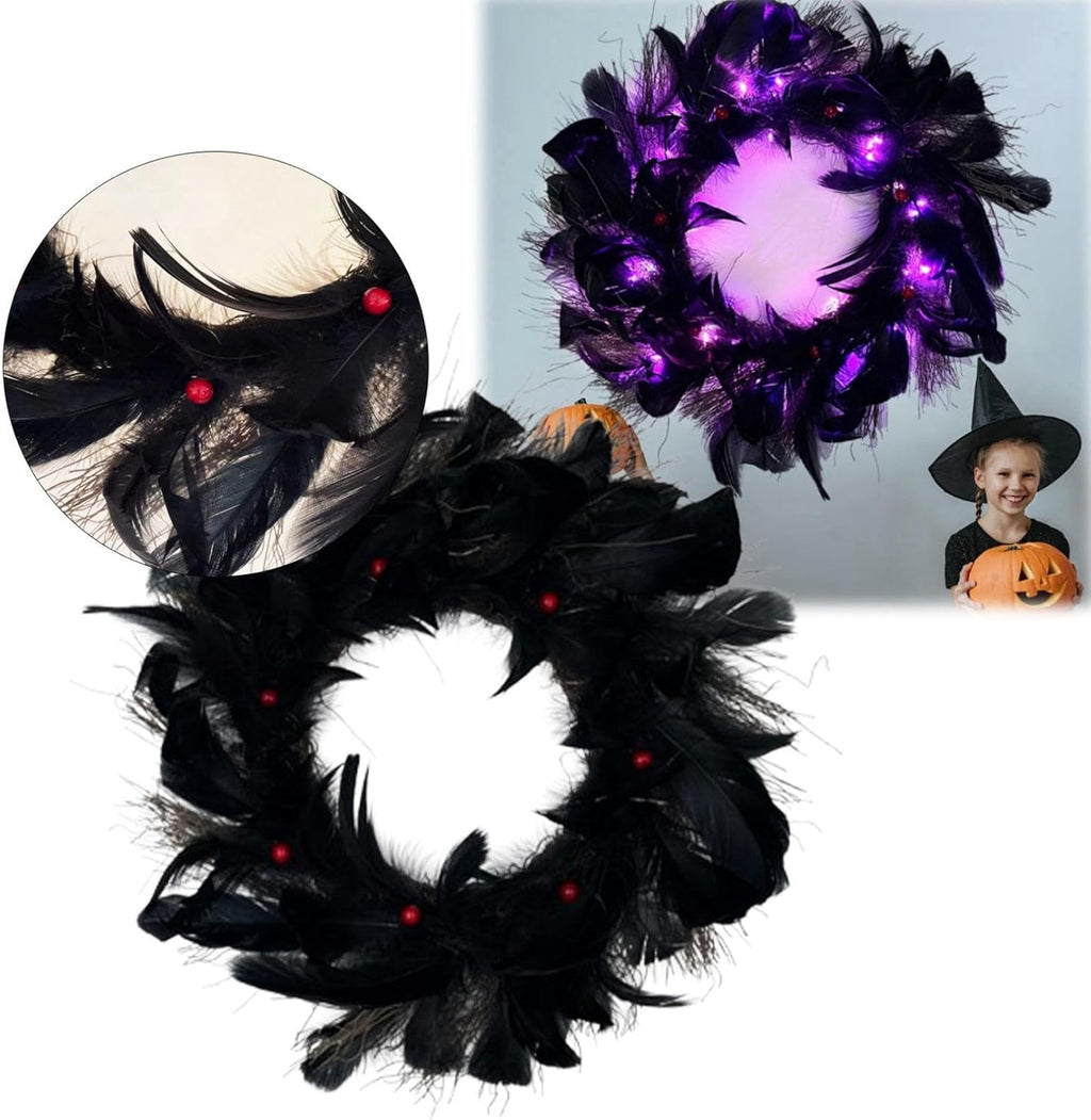 Halloween Wreaths with Light, 16in Black Feather Wreath, Wreaths for Front Door, Halloween Decorations Props for Door, Porch, Window,Indoor and Outdoor