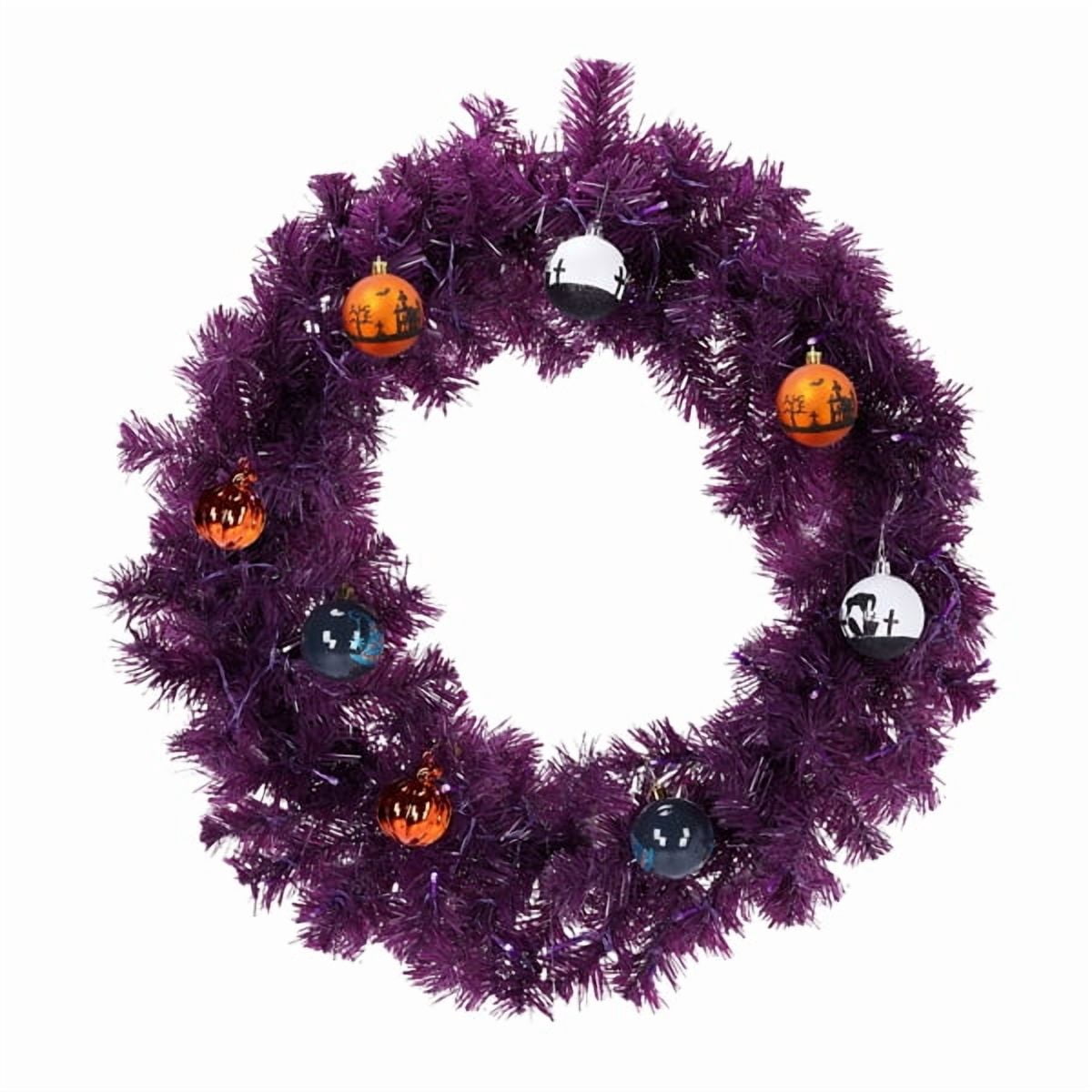 24" Halloween-Themed Christmas Wreath - Purple Pre-Lit Wreath with 50 Purple/Orange LEDs, 100 PVC Tips, DIY Ornament Pack for Indoor/Outdoor Decor