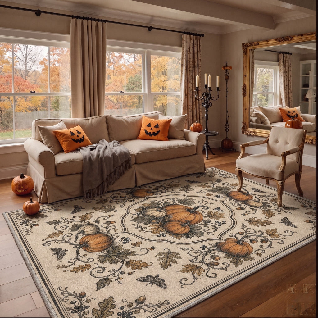 GENIMO 5'x7' Halloween Area Rug for Living Room, Washable Non Slip Soft Vintage Pumpkin Indoor Rug for Bedroom Dining Room Home Office, Antique Moss