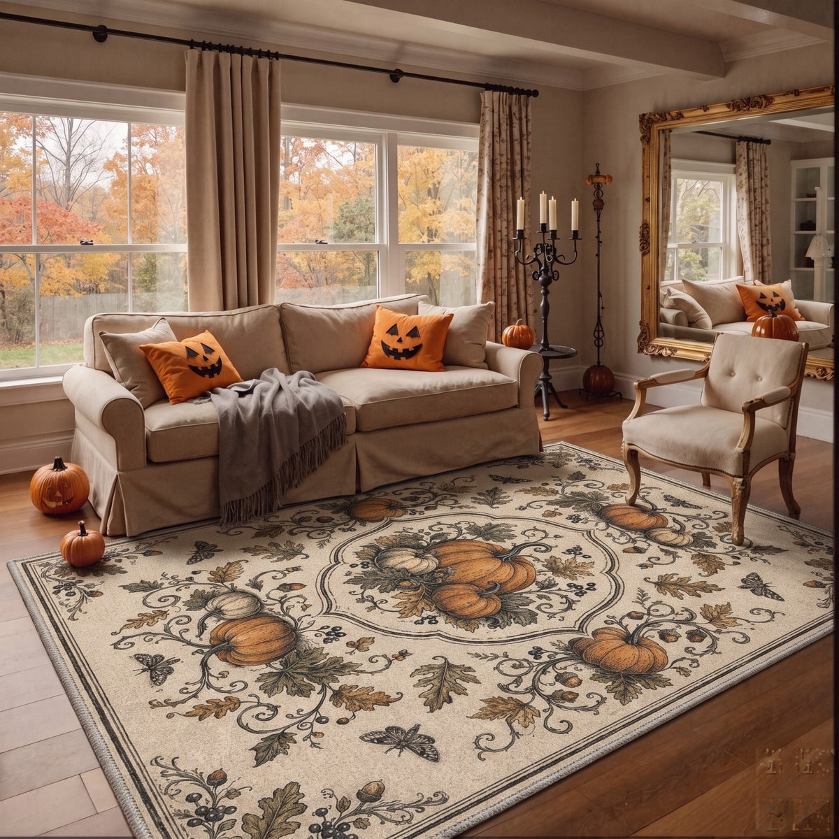 GENIMO 5'x7' Halloween Area Rug for Living Room, Washable Non Slip Soft Vintage Pumpkin Indoor Rug for Bedroom Dining Room Home Office, Antique Moss