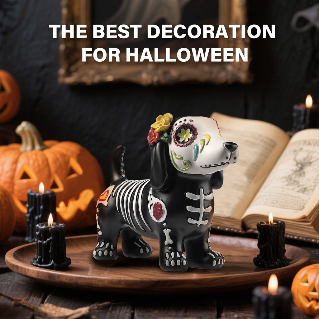 Ayieyill 2pcs Halloween Cat and Skeleton Figurines Vintage Halloween Black Cat Decor Halloween Table Decorations