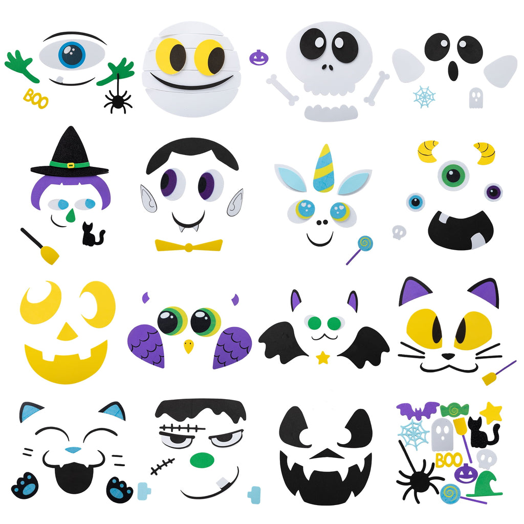 Joyfy 16 Faces Halloween Pumpkin Decorations Stickers Foam Craft Kit, 18 Sheets 16 Designs Halloween Party Favors for Kids, Party Supplies Arts Activities, Jack O Lantern Face Sticker School Gifts