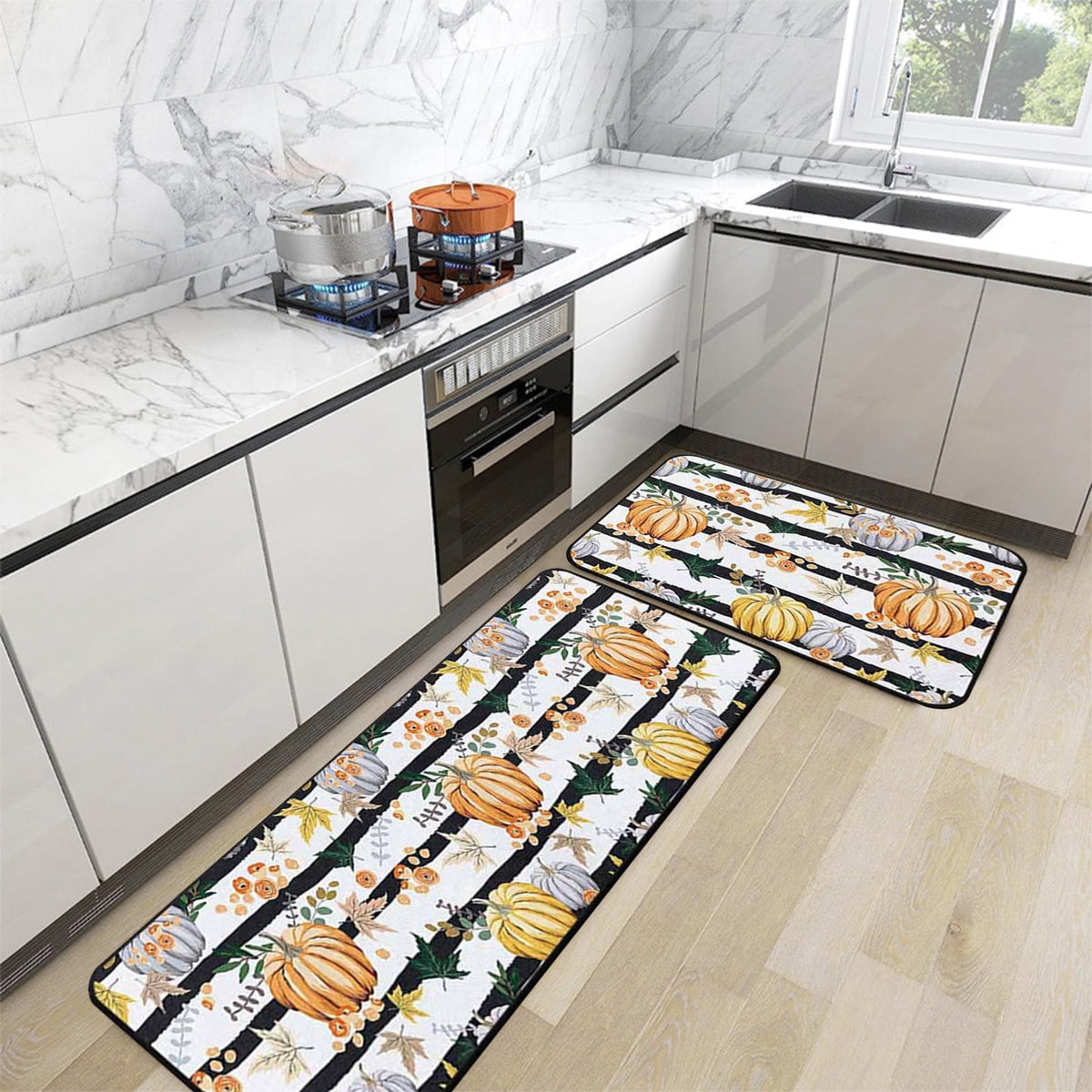 Decorative Kitchen Floor Mats Set of Two, Fall Theme Pumpkin Turkey Pattern Kitchen Rugs and Mats for Outdoor Indoor Kitchen Decor Halloween Thanksgiving Non-Slip Doormat