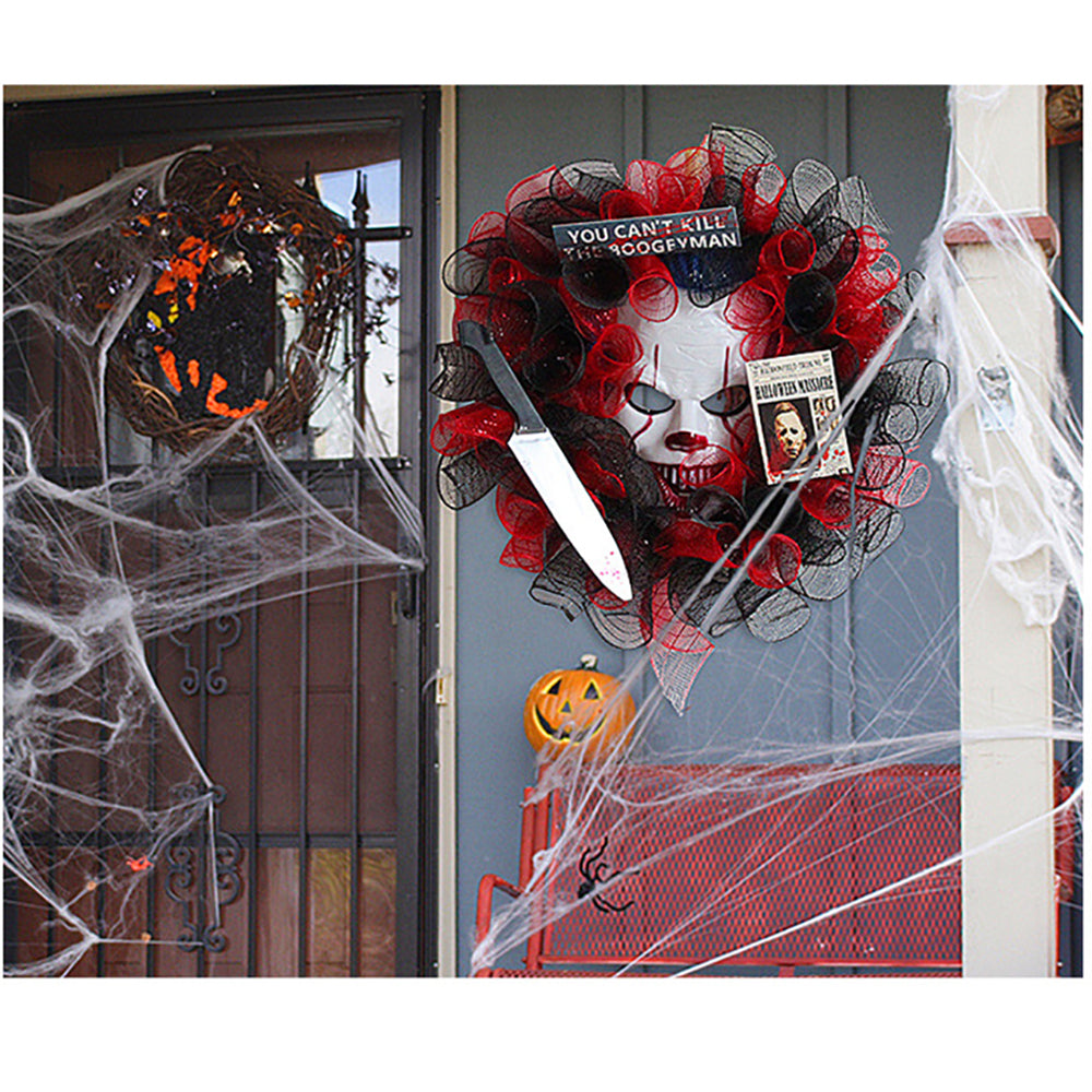Halloween Red Mesh Mask Wreath, Creative Ghost Festival Party Wreath for Front Door Wall Hanging Haunted House Arrangement Props Festival Celebrations Decoration Holiday Home Decor