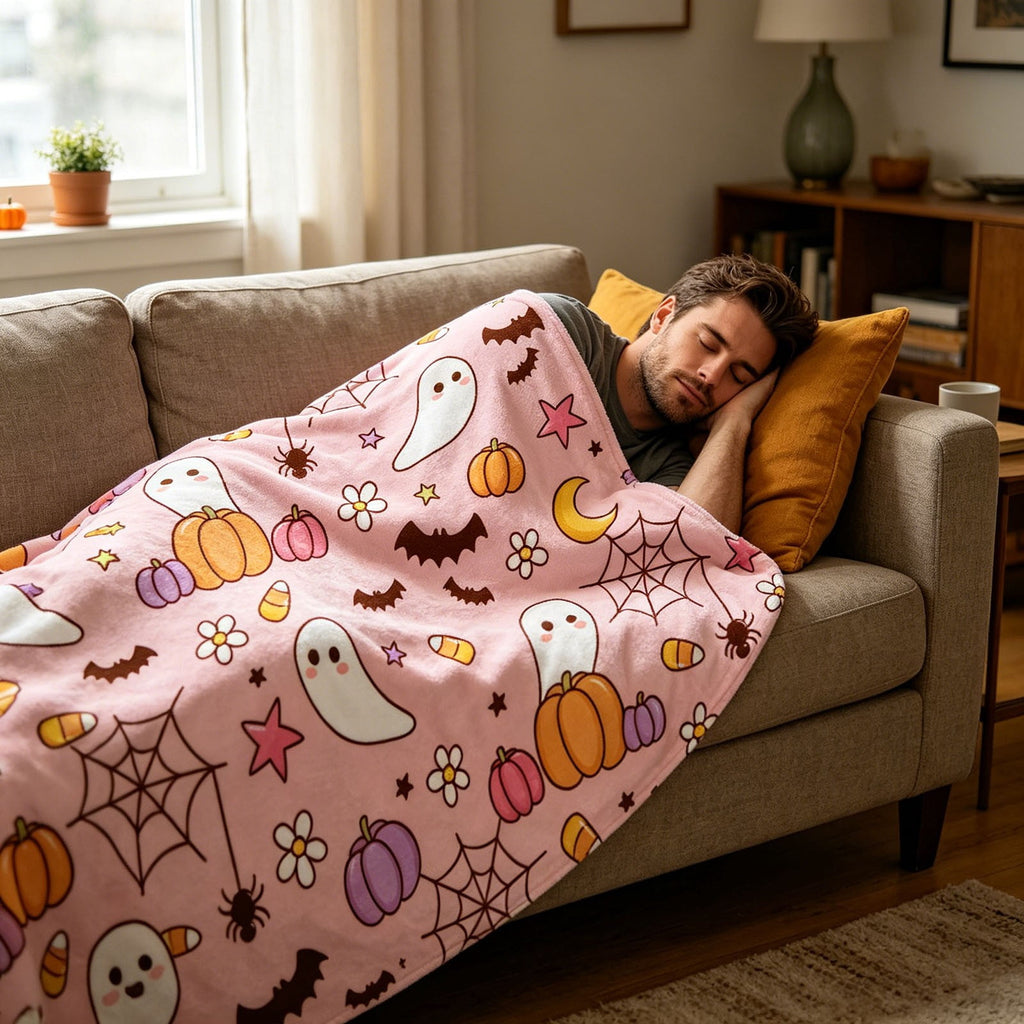 Halloween blanket,Halloween Print Throw Blanket Flannel Soft Cozy Decorative Nap Blanket with Ghost Pumpkin Skull for Office Bedroom Sofa Camping Travel(100x150cm/39x59 Inch),Black