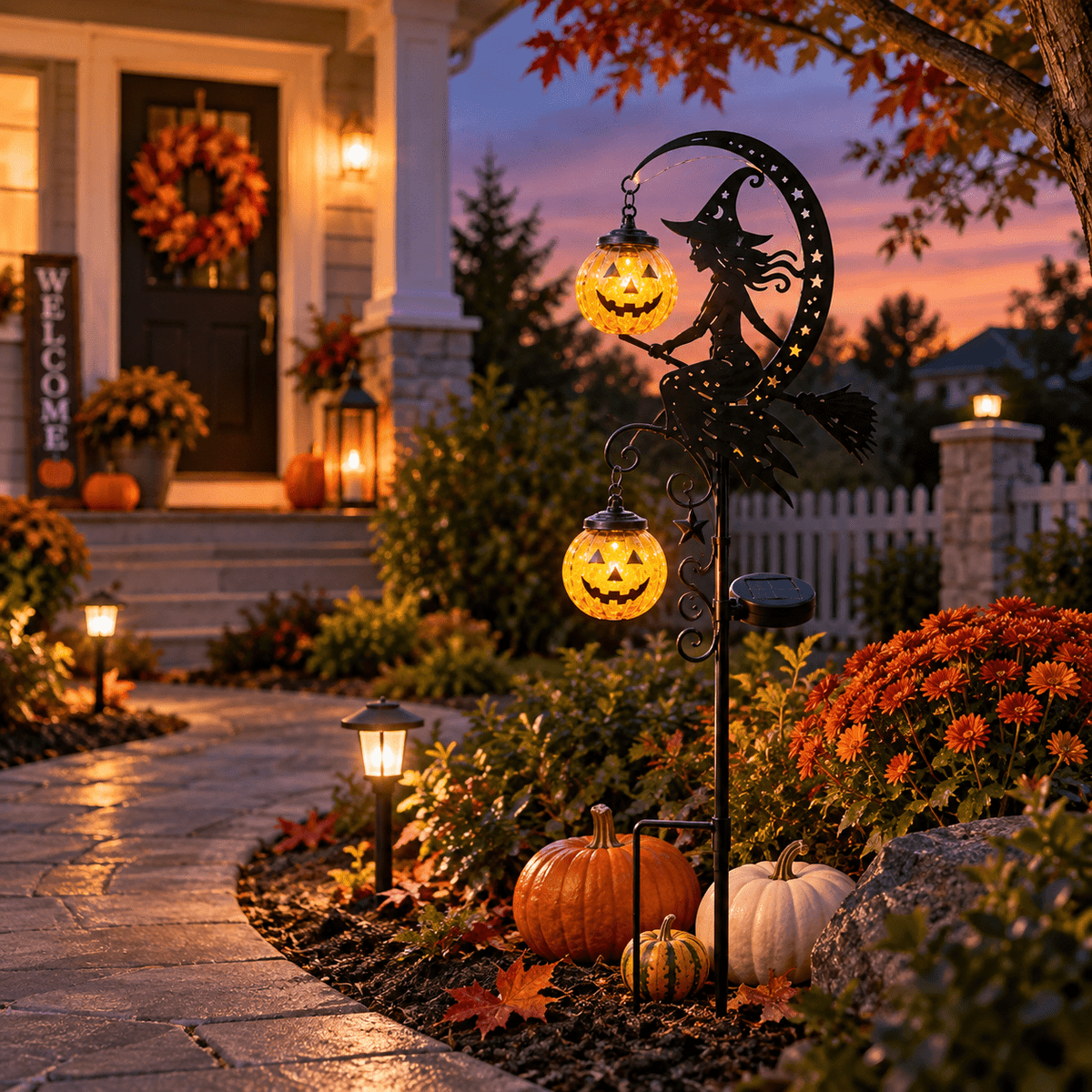 Halloween Crescent Moon Pumpkin Solar Stake Light, Star Hollow Cutout Ground Lamp, Anti Rust Halloween Decorations Party for Yard Walkway black