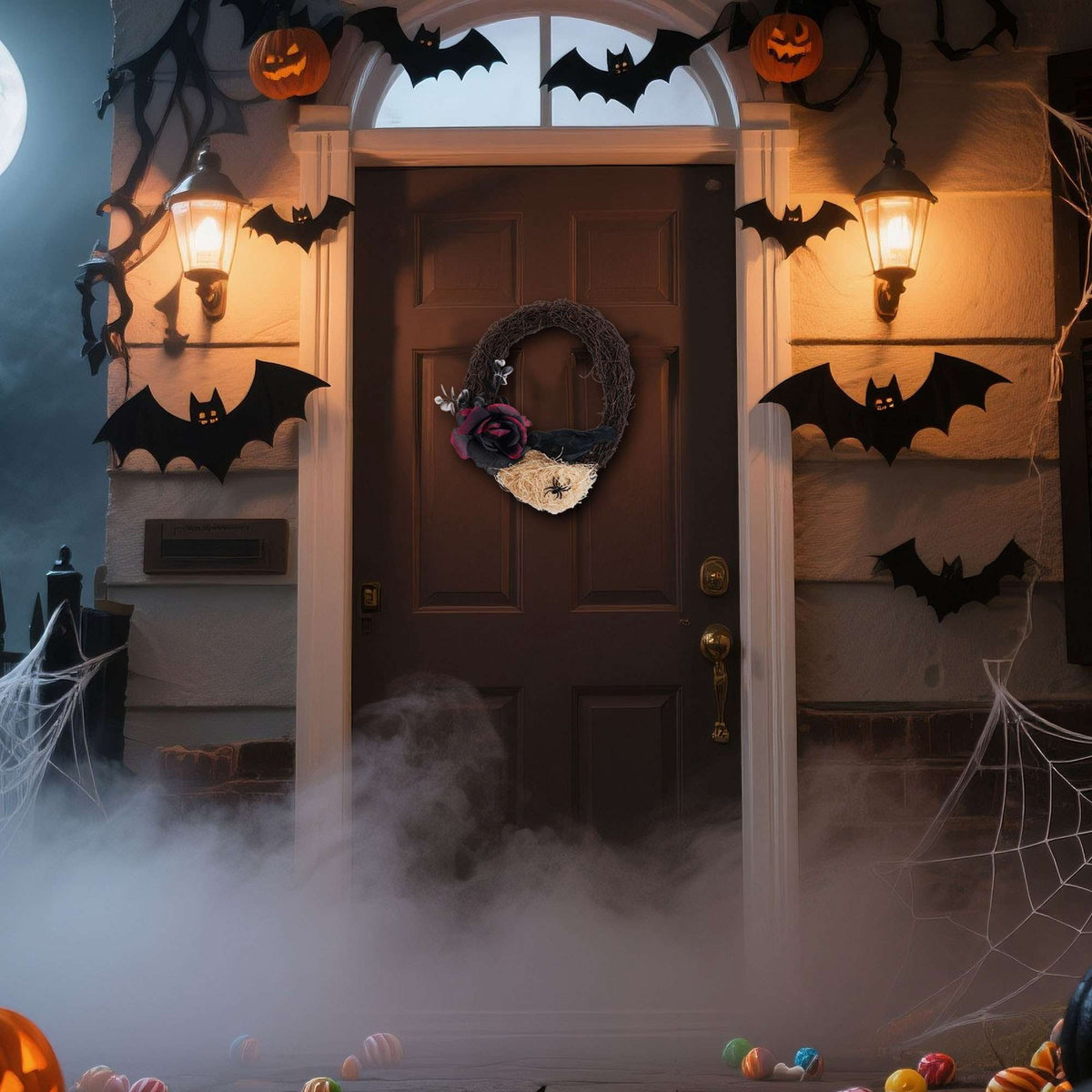 Spencer Halloween Wreath for Front Door, 10 Inch Halloween Garland with Black Rose, Crow, Spider and Twig Branch for Home Porch Window Wall Decor